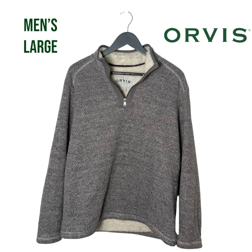 Orvis Men's L Sherpa Lined 1/4 Zip Pullover Gray‎ Knit Fleece Outdoor Sweater